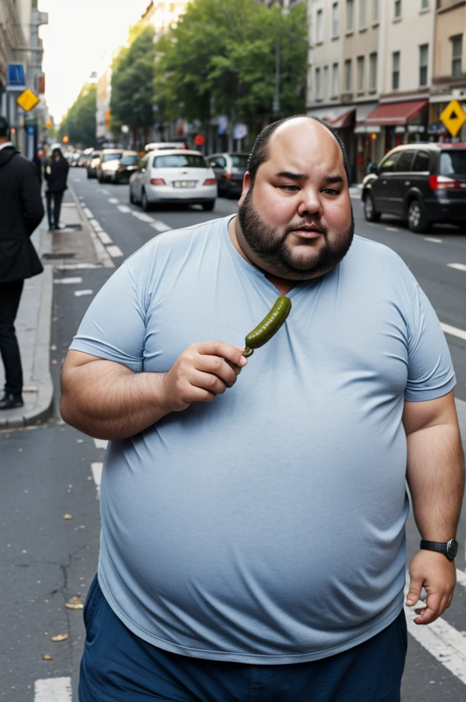 Poor fat sad man on the street eating rotten pickles