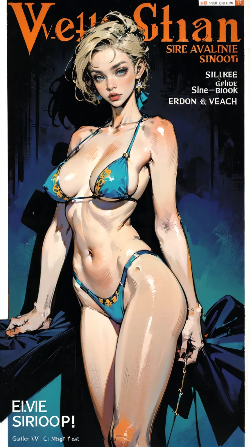 nsfw, (masterpiece:1.2, best quality), (magazine cover), (colorful Magazine cover with lots of text), brilliant colorful paintings, Comic cover style, glamorous, seductive, stylish, chic, high-fashion, alluring, elegant, trendy, fashionable, radiant, head-turner, dazzling, sophisticated, stunning, dramatic, bold, Swedish model with golden blonde hair and light blue eyes, (wearing a blue v-neck slingshot bikini:1.3). She has perfect make-up,( E cup breasts, and is striking a sexy, erotic pose), Her body is perfectly toned, sunny beach background, (highly detailed:1.2)