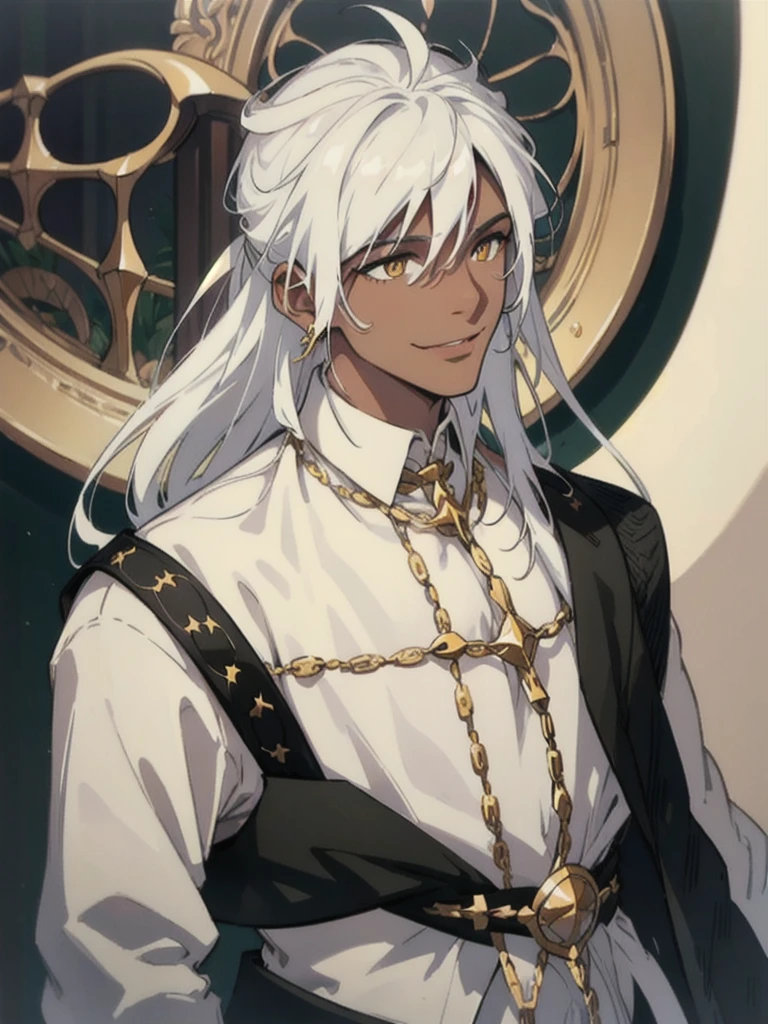 1 Human, (Very dark skin), golden eyes, White hair, long hair, White shirt, smile, portraits a., dark background, (((Human))), long face,, Business suit