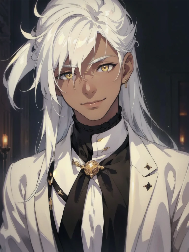 1 Human, (Very dark skin), golden eyes, White hair, long hair, White shirt, smile, portraits a., dark background, (((Human))), long face,, Business suit