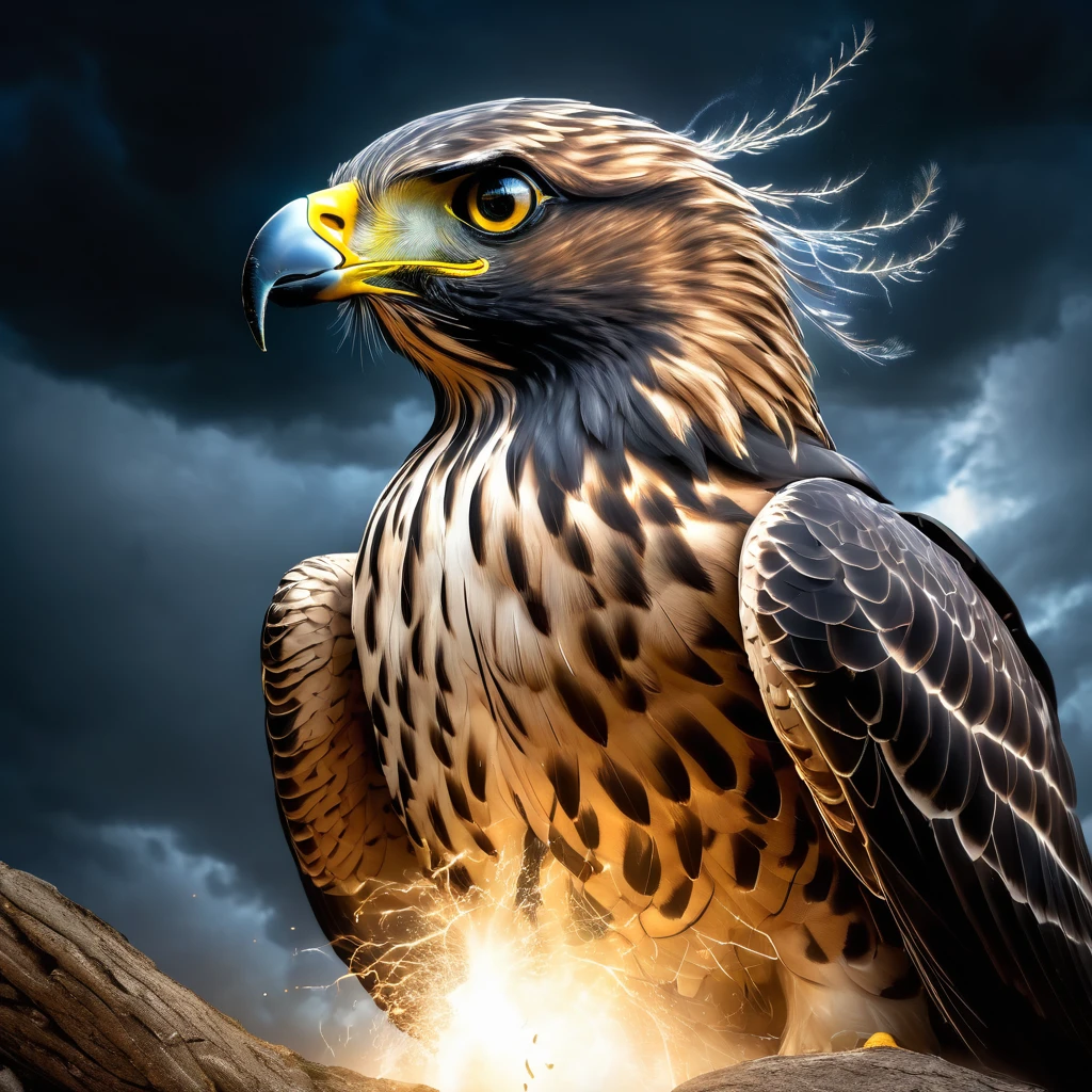 A powerful and intense image of a fierce hawk named "Hawk Tua" spitting on a mysterious cylindrical object. The hawk is depicted as majestic and strong, with intricate feathers and a fierce gaze. The object, glowing with an otherworldly aura, is suspended in the air, as if it's the source of the hawk's anger. The background is a dark, stormy sky, with lightning streaking across it, adding to the dramatic atmosphere.