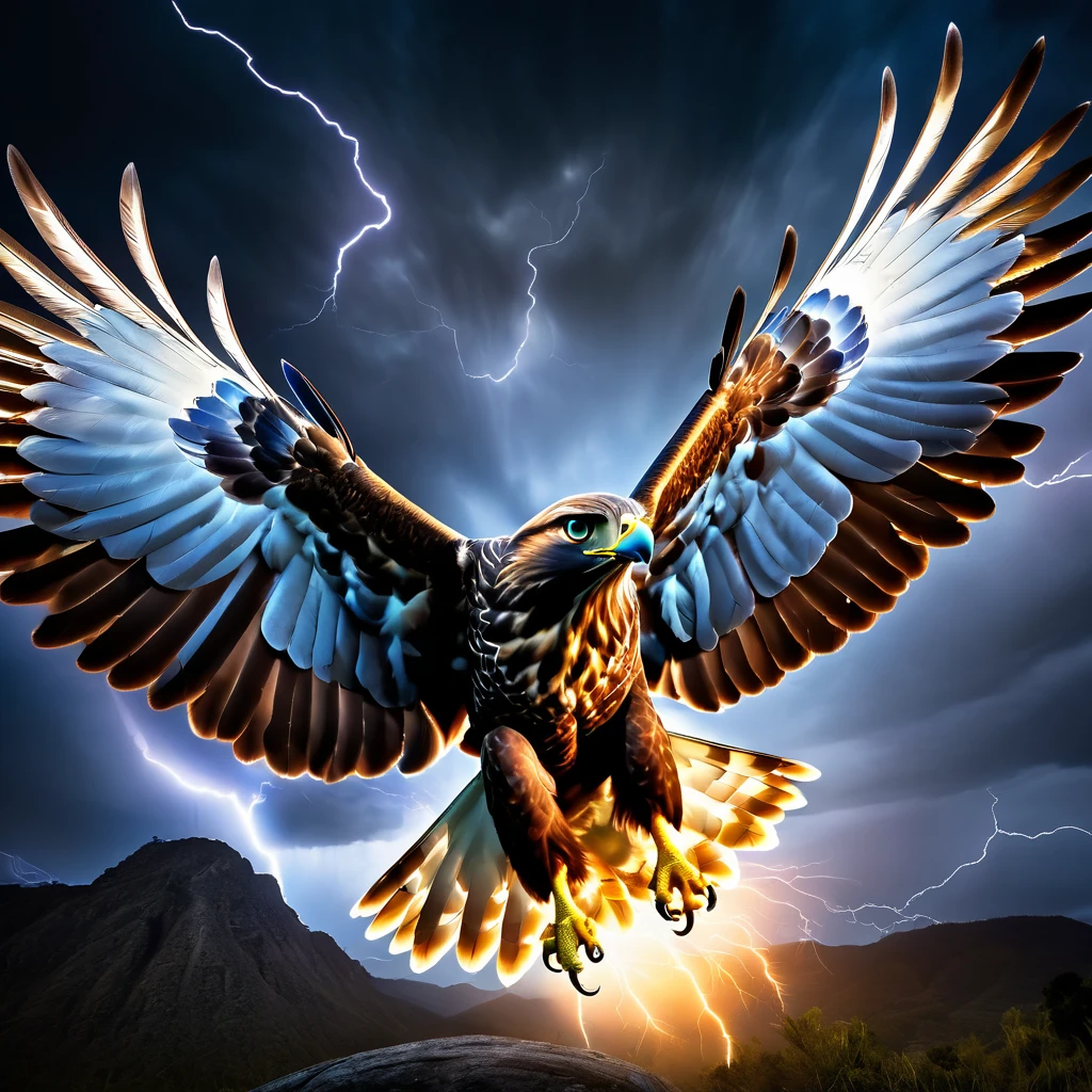 A powerful and intense image of a fierce hawk named "Hawk Tua" spitting on a mysterious cylindrical object. The hawk is depicted as majestic and strong, with intricate feathers and a fierce gaze. The object, glowing with an otherworldly aura, is suspended in the air, as if it's the source of the hawk's anger. The background is a dark, stormy sky, with lightning streaking across it, adding to the dramatic atmosphere.