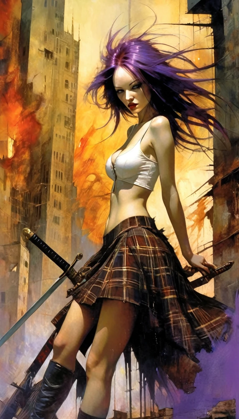 very sexy girl, long purple hair, open shirt, plaid skirt, with a sword in a dynamic position, scene of a destroyed city, fire, (art inspired in Bill Sienkiewicz). oil painting) (best quality,4k,8k,highres,masterpiece:1.2),ultra-detailed,(realistic,photorealistic,photo-realistic:1.37),intricate details,vivid colors,sharp focus,professional,Dave McKean artwork, oil touch of surrealism,oil painting style,