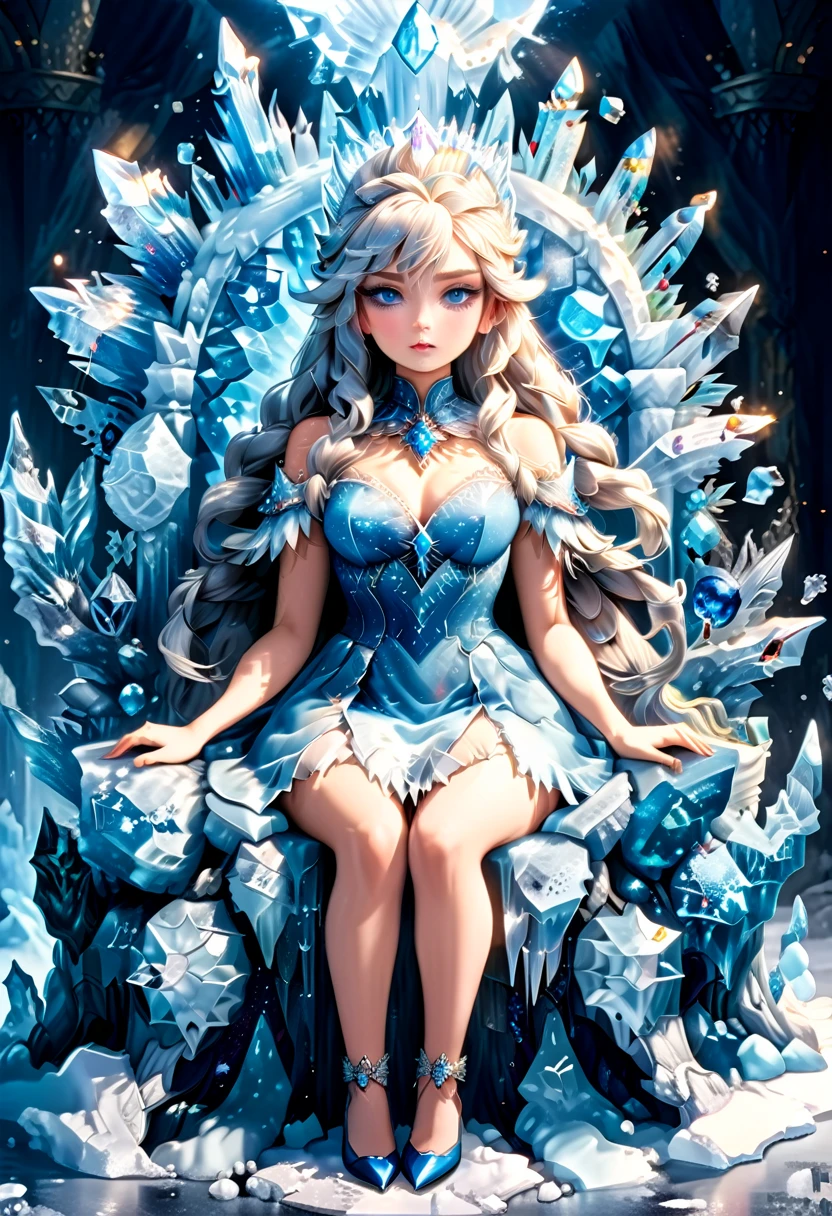 Arafed a picture of a an ice goddess sitting on her frozen throne, wearing white and blue royal dress, glamorous dress, dynamic hair, bold intense eyes, extremely exquisite beautiful queen, perfect body, (anatomically correct: 1.3), ultra feminine, ultra detailed face, dark blue lips, azure glowing eyes, she sits on a (throne made from ice: 1.3) of regality, and might, throne carved from ice , legendary symmetric design, with (many carvings in the ice: 1.3), dynamic caevings on the handles decorated with diamonds, and blue gems, fantasy ice goddess hall room background, (masterpiece: 1.4) intense details, highly detailed, photorealistic, best quality, highres,16k, (ultra detailed:1.3(, masterpiece, best quality, (extremely detailed), close up, ultra wide shot, photorealistic, RAW, fantasy art, dnd art, fantasy art, realistic art,((best quality)), ((masterpiece)), (detailed: 1.5), ral-ntrgmst, faize