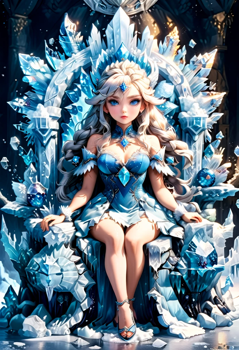 Arafed a picture of a an ice goddess sitting on her frozen throne, wearing white and blue royal dress, glamorous dress, dynamic hair, bold intense eyes, extremely exquisite beautiful queen, perfect body, (anatomically correct: 1.3), ultra feminine, ultra detailed face, dark blue lips, azure glowing eyes, she sits on a (throne made from ice: 1.3) of regality, and might, throne carved from ice , legendary symmetric design, with (many carvings in the ice: 1.3), dynamic caevings on the handles decorated with diamonds, and blue gems, fantasy ice goddess hall room background, (masterpiece: 1.4) intense details, highly detailed, photorealistic, best quality, highres,16k, (ultra detailed:1.3(, masterpiece, best quality, (extremely detailed), close up, ultra wide shot, photorealistic, RAW, fantasy art, dnd art, fantasy art, realistic art,((best quality)), ((masterpiece)), (detailed: 1.5), ral-ntrgmst, faize