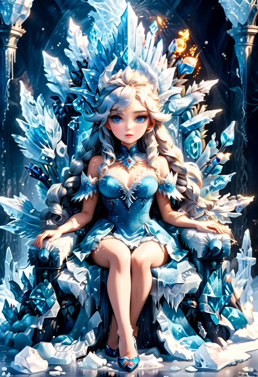 Arafed a picture of a an ice goddess sitting on her frozen throne, wearing white and blue royal dress, glamorous dress, dynamic hair, bold intense eyes, extremely exquisite beautiful queen, perfect body, (anatomically correct: 1.3), ultra feminine, ultra detailed face, dark blue lips, azure glowing eyes, she sits on a (throne made from ice: 1.3) of regality, and might, throne carved from ice , legendary symmetric design, with (many carvings in the ice: 1.3), dynamic caevings on the handles decorated with diamonds, and blue gems, fantasy ice goddess hall room background, (masterpiece: 1.4) intense details, highly detailed, photorealistic, best quality, highres,16k, (ultra detailed:1.3(, masterpiece, best quality, (extremely detailed), close up, ultra wide shot, photorealistic, RAW, fantasy art, dnd art, fantasy art, realistic art,((best quality)), ((masterpiece)), (detailed: 1.5), ral-ntrgmst, faize