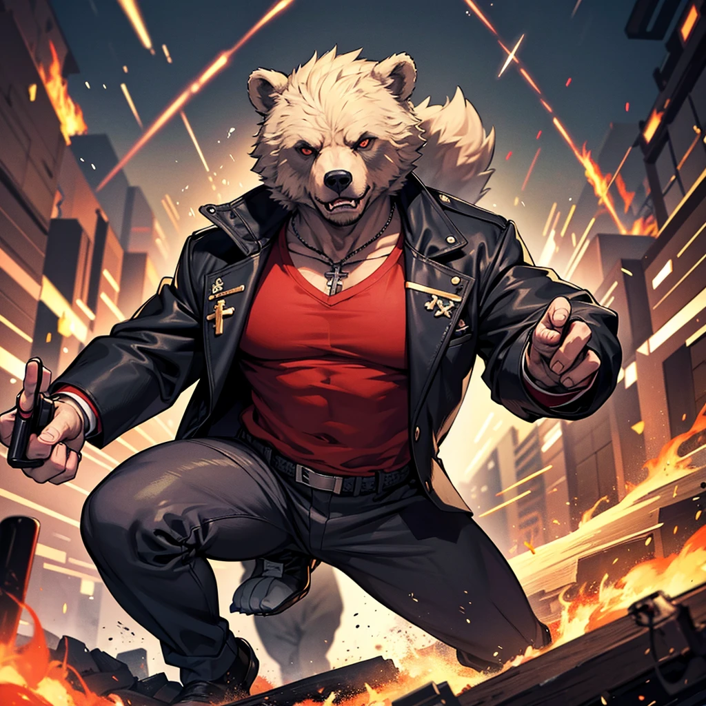 Generate image of a bear, furious state, in gangster clothes, eyes in crosses, whole body