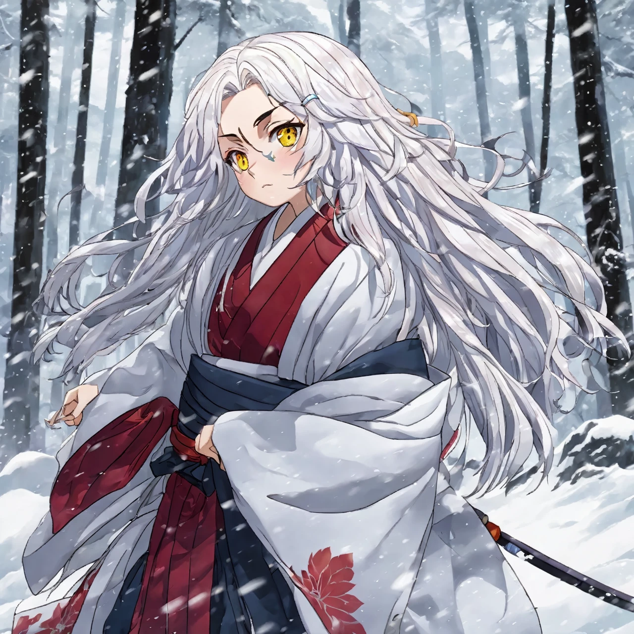 Kimetsu no yaiba anime style female character, long white hair and red hair highlights of hair, yellow eyes, wearing a kimono with an atana, in a snowy forest, soft expression, in fighting position, Blood power, crying 