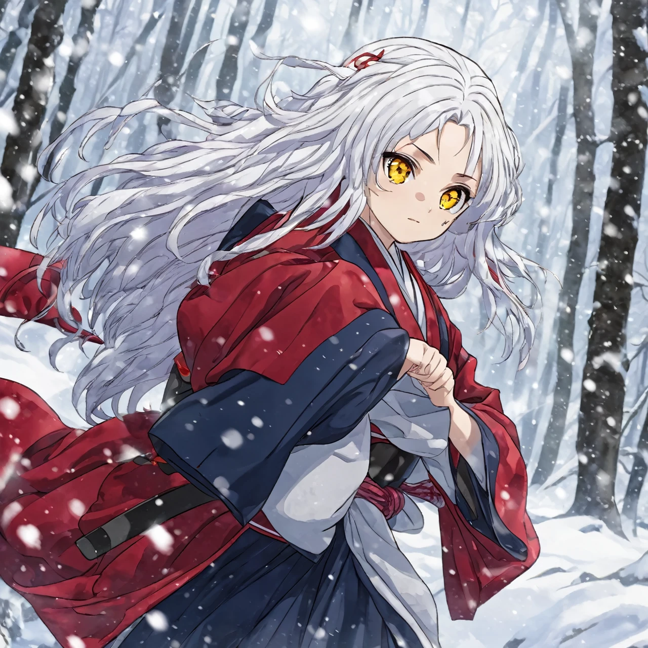Kimetsu no yaiba anime style female character, long white hair and red hair highlights of hair, yellow eyes, wearing a kimono with an atana, in a snowy forest, soft expression, in fighting position, Blood power, crying