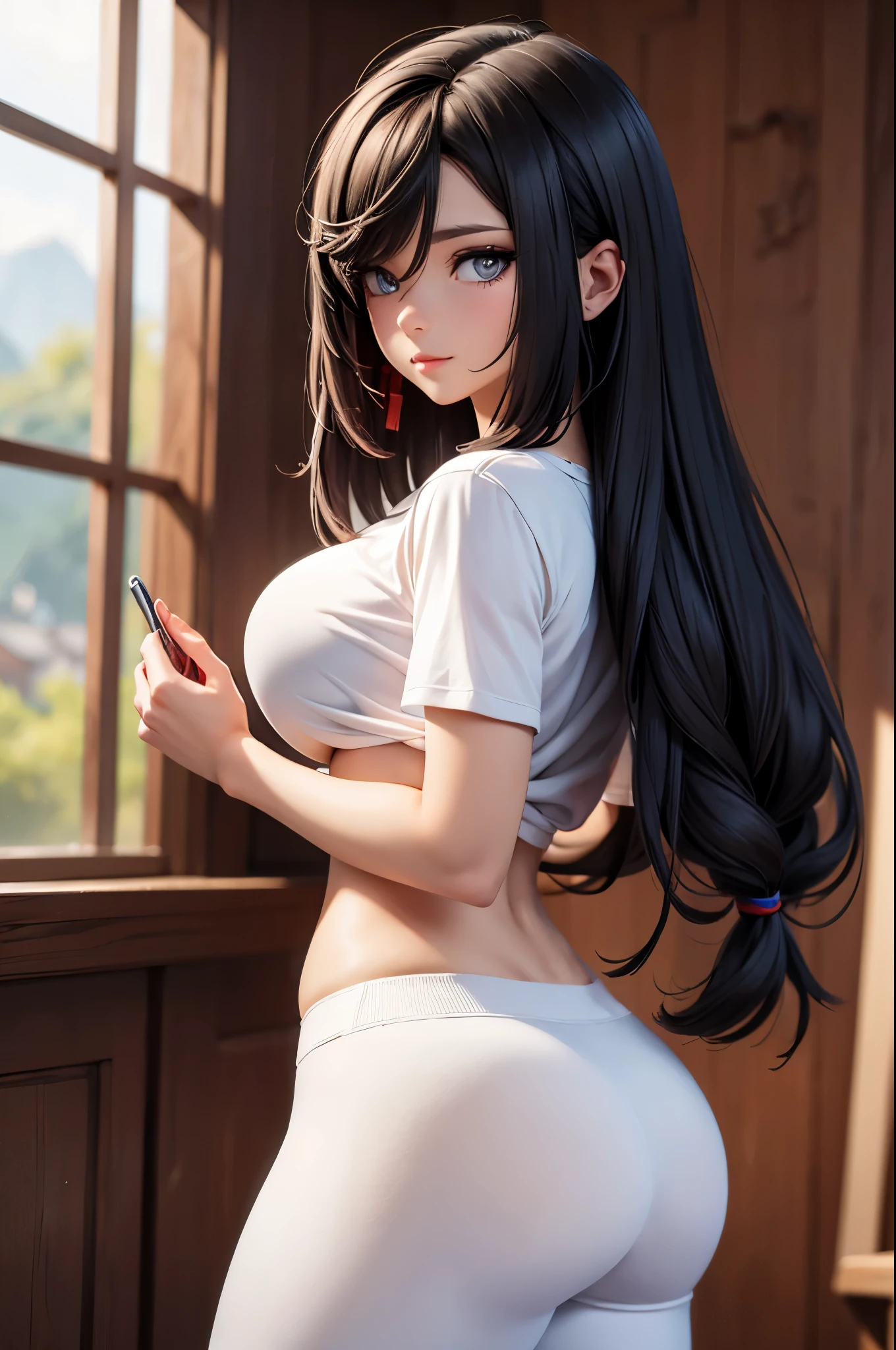 Big ass, perfect breast, t-shirt white, leggings black, looking back