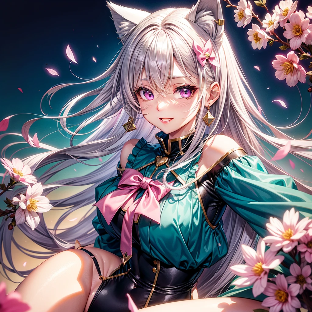 Silver hair, pink eyes, body, cat ears, adult girl, earrings, flower sky background, teal pink gold uniform, hair bows, happy face, thigh up, looking at viewer, v neck blouse