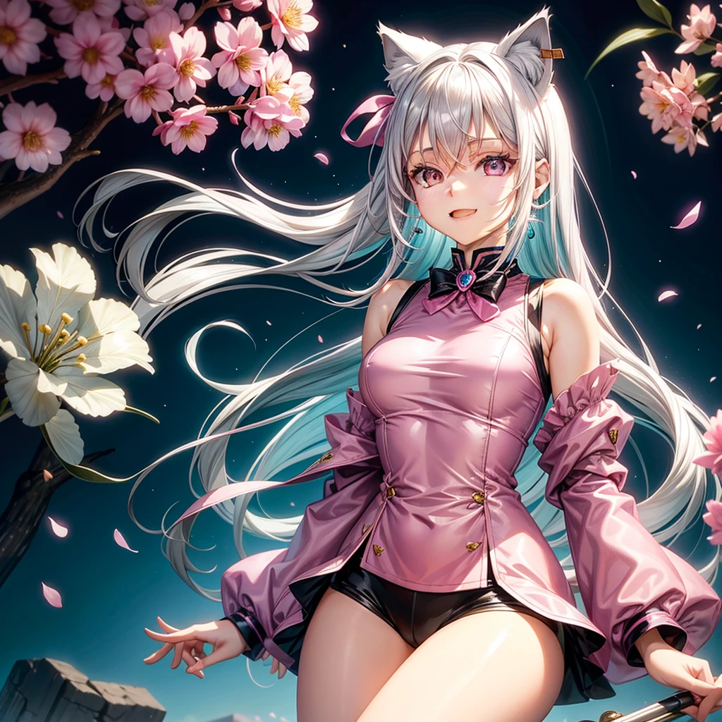 Silver hair, pink eyes, body, cat ears, adult girl, earrings, flower sky background, teal pink gold uniform, hair bows, happy face, thigh up, looking at viewer