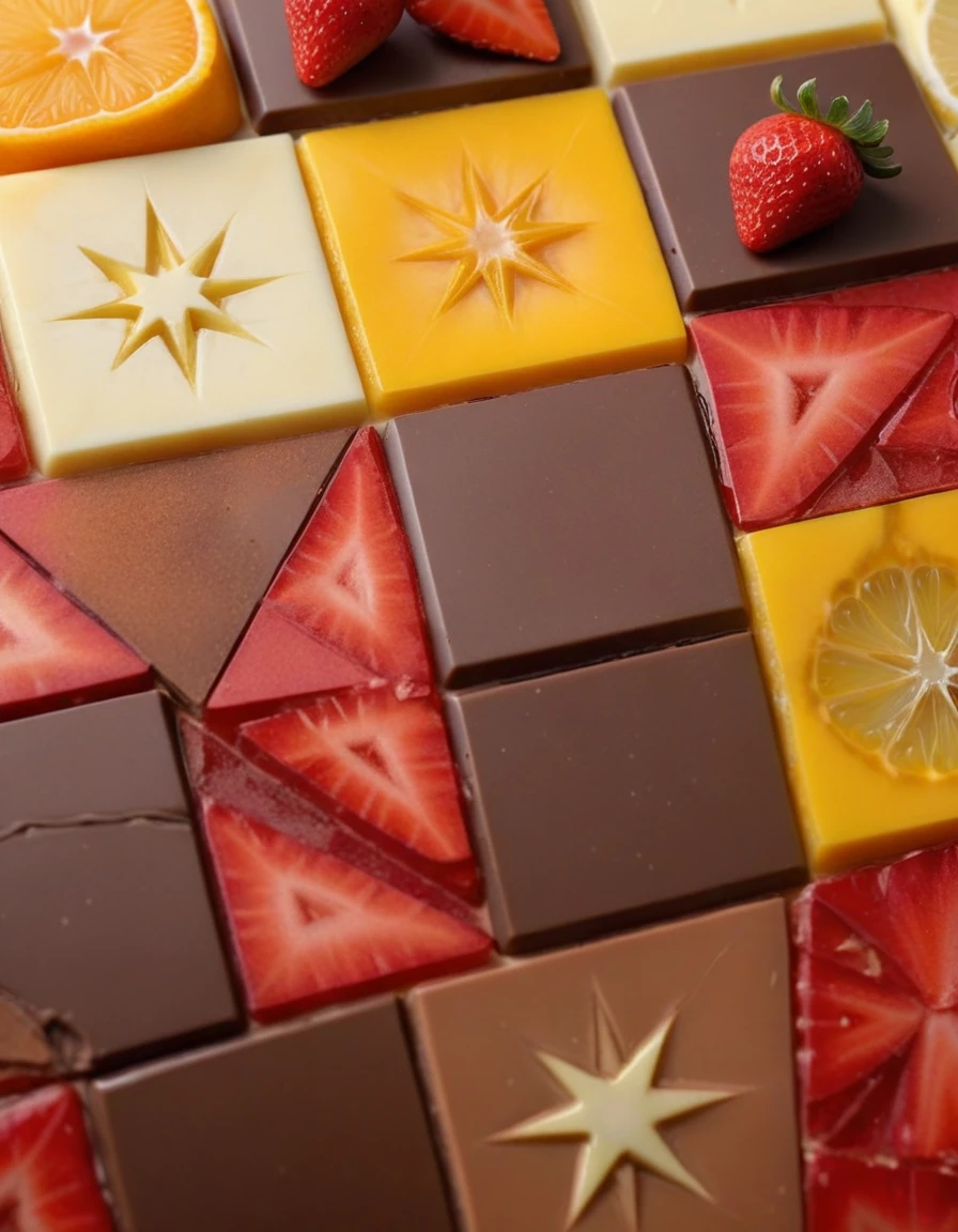 (small very detailed irregular pattern with squares pentacles and triangles on a white background, chocolate brown and mango orange and strawberry red and lemon yellow colors cheme), closeup, macroscopic photo, hyperdetalization, hyperrealism, beautiful foreshortening, cinematic, glow, reflexes, illuminated ((dominant three colors))