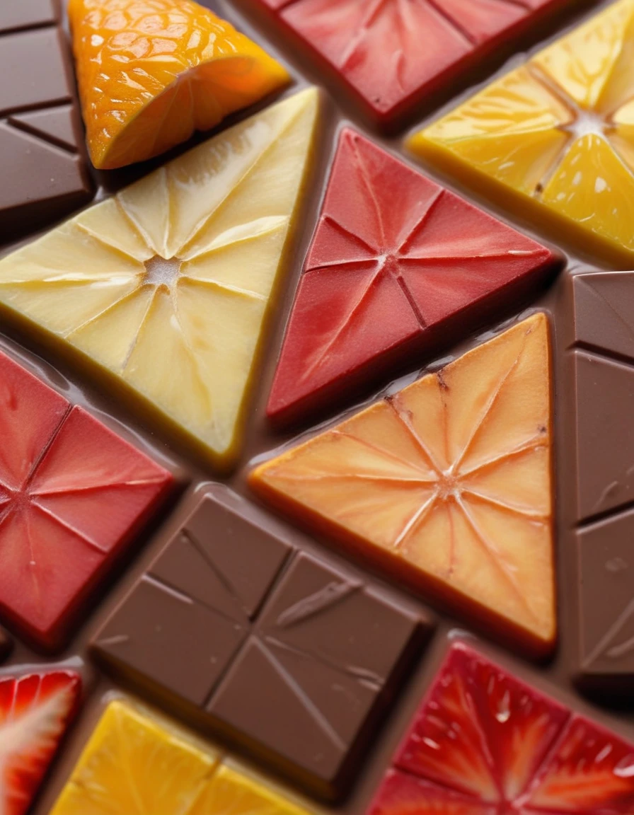 (small very detailed irregular pattern with squares pentacles and triangles on a white background, chocolate brown and mango orange and strawberry red and lemon yellow colors cheme), closeup, macroscopic photo, hyperdetalization, hyperrealism, beautiful foreshortening, cinematic, glow, reflexes, illuminated ((dominant three colors))