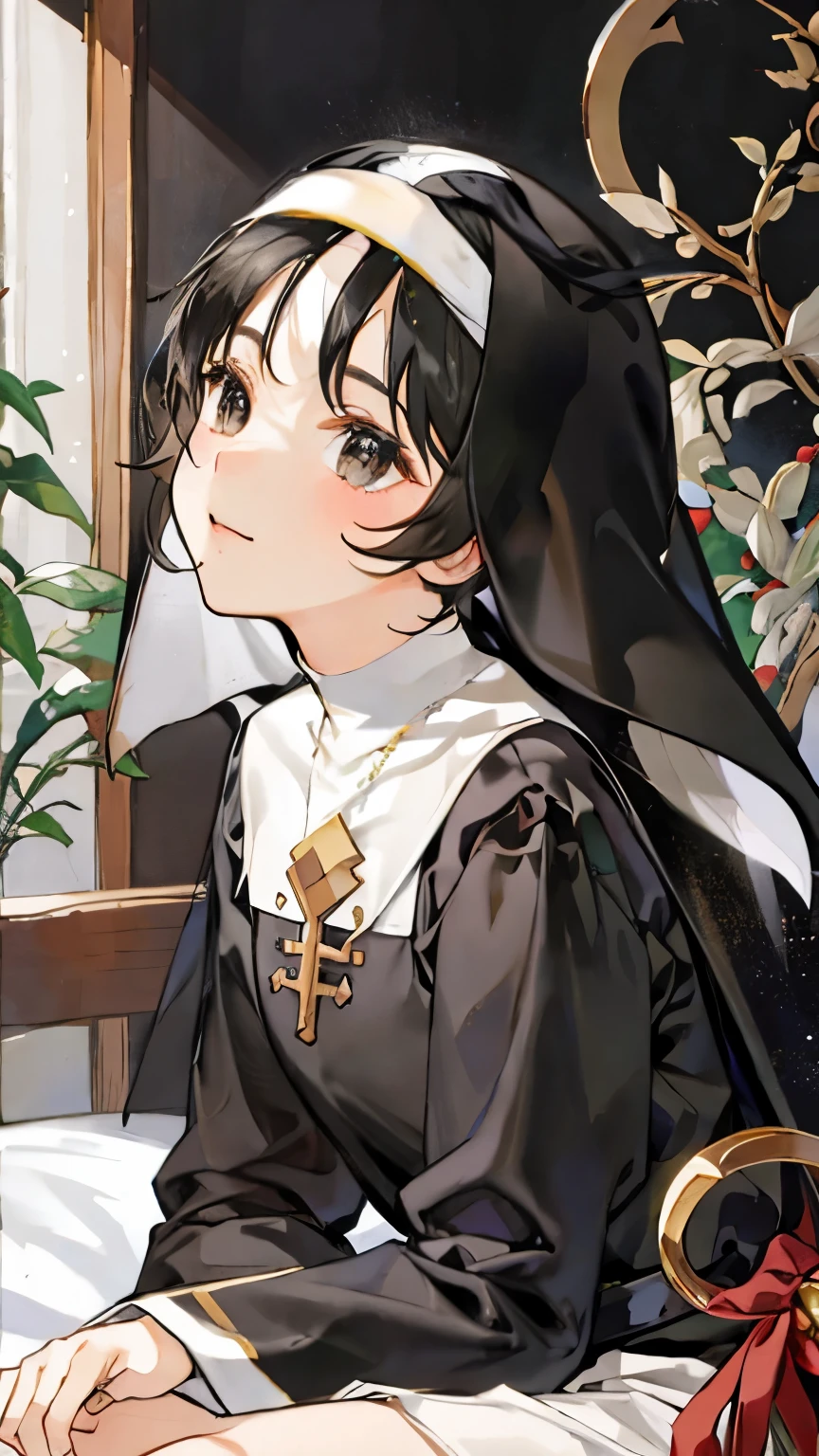 (ultra-detailed, fragile male body: 1.5, shy boy expression: 1.2), (black hair, litlle bit long), (the boy praying), (black eyes, expressive and full of emotion), (blush, rosy and shy), (femboy nun outfit: 1.4), (heavenly shine)
BREAK, intricately designed habit,
BREAK, delicate embroidery,
BREAK, veil covering the face,
BREAK, rosary beads in hand,
BREAK, thigh-high black boots,
BREAK, halo casting BREAK, tits