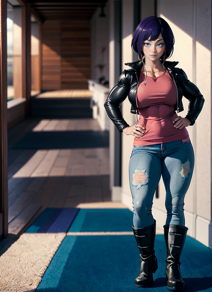 ((best quality)), ((muito detalhado)), ​masterpiece, most absurd, (detailled eyes, deep eyes), (((((((1 girl))))))), Perspective distortion, contrasted, Stand, ((legs auseinander)), crossed arms, ((Full-shot)), (from bottom), Viewers look at, jirou2, purple hair, shorth hair, bangs, black eyes, long earlobes, big boobs, smiling, (Facial spots), neck ribbon, rotes Shirt, , leather jacket, black jacket, open jacket, white fingerless gloves, ((Lange Jeans Hose)), boots, (indoors, in a hall), ((Bodybuilder)), ((((extremely muscular)))), young woman, Muscular, legs ,  Muscular Arme,  Muscularr Oberkörper,  Muscular Bauchmuskeln , Muscular Schultern, Muscularr Rücken, 