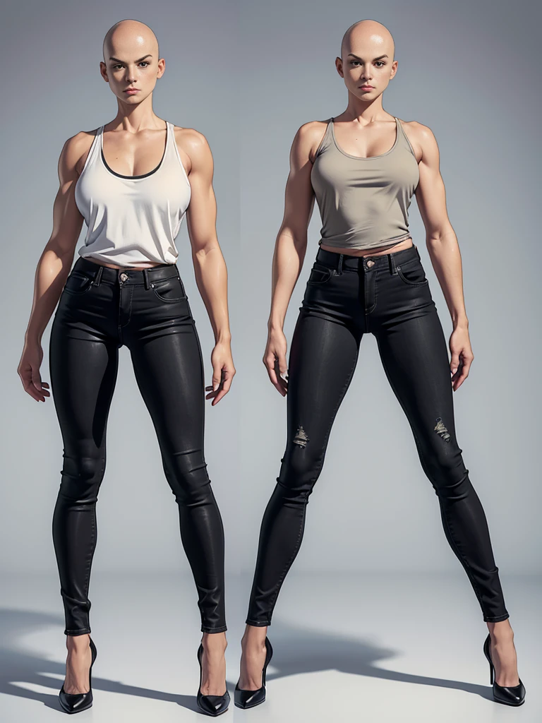 ((best quality)), ((4k)), ((highres)), ((masterpiece:1.2)). ((detailed)), ((ultra realistic)), ((intricate details)), ((full body picture)), ((character design sheet)), ((blank background)), ((standing in a blank background)), a full body shot of a bald female, bald woman, muscular woman, muscular arms, mucular legs, about 5'6 tall, about 25 years old, dressed in a tank top and black jeans pants
