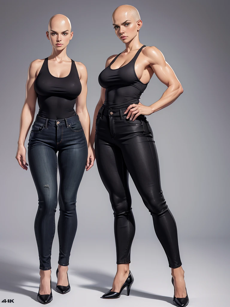 ((best quality)), ((4k)), ((highres)), ((masterpiece:1.2)). ((detailed)), ((ultra realistic)), ((intricate details)), ((full body picture)), ((character design sheet)), ((blank background)), ((standing in a blank background)), a full body shot of a bald female, bald woman, muscular woman, muscular arms, mucular legs, about 5'6 tall, about 25 years old, dressed in a tank top and black jeans pants