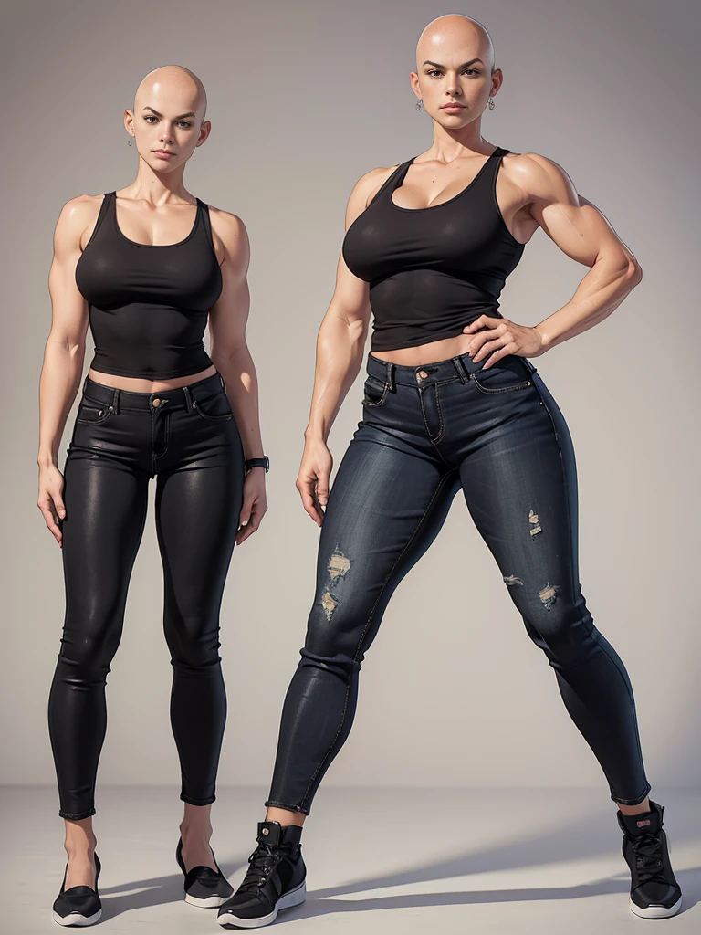 ((best quality)), ((4k)), ((highres)), ((masterpiece:1.2)). ((detailed)), ((ultra realistic)), ((intricate details)), ((full body picture)), ((character design sheet)), ((blank background)), ((standing in a blank background)), a full body shot of a bald female, bald woman, muscular woman, muscular arms, mucular legs, about 5'6 tall, about 25 years old, dressed in a tank top and black jeans pants