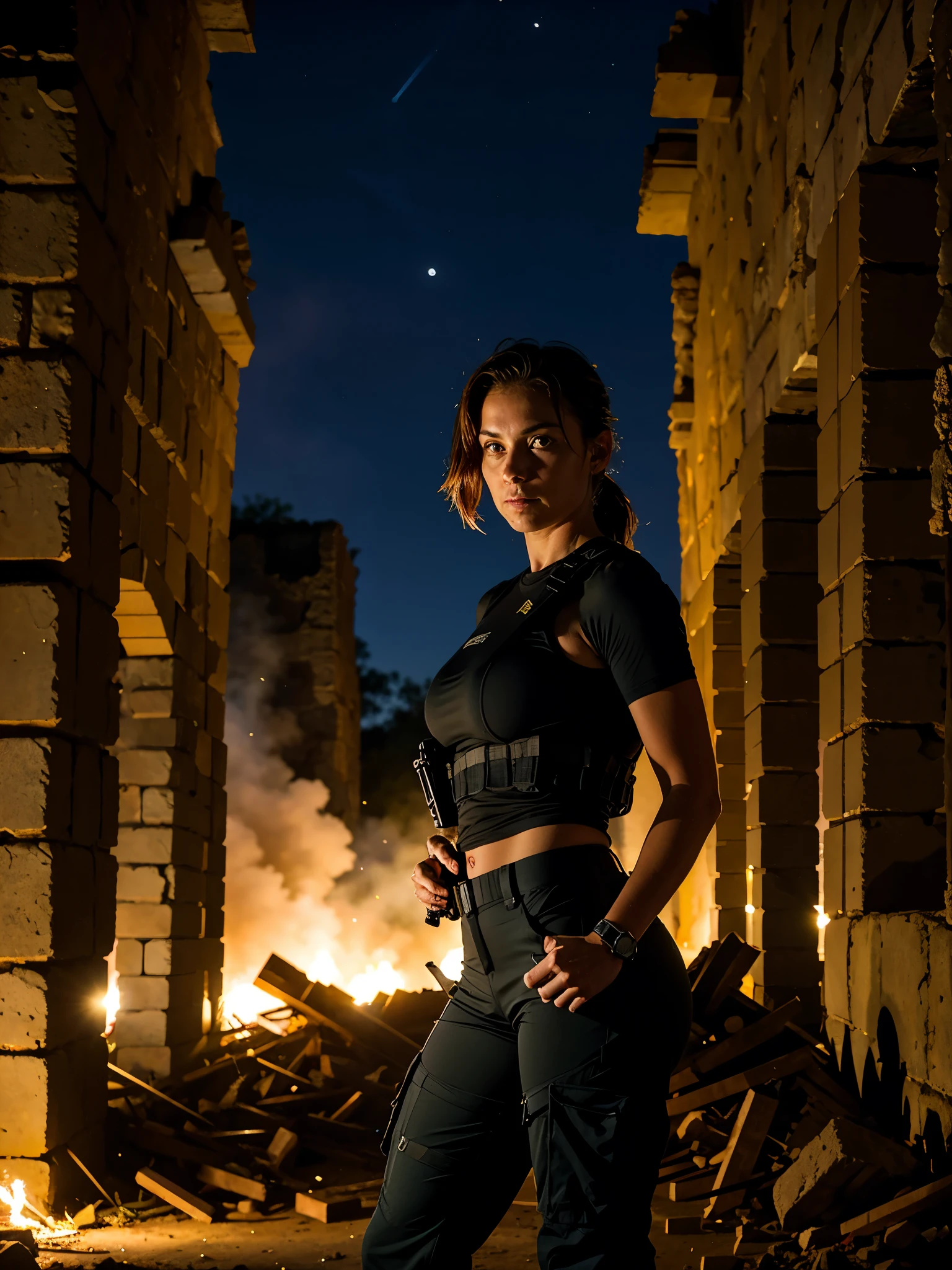 Special forces woman , tactical vest, black T-shirt, tactical pants, special forces unloading,  standing in the middle of the ruins, looking at the viewer, night, dark lighting, depth of field, bokeh