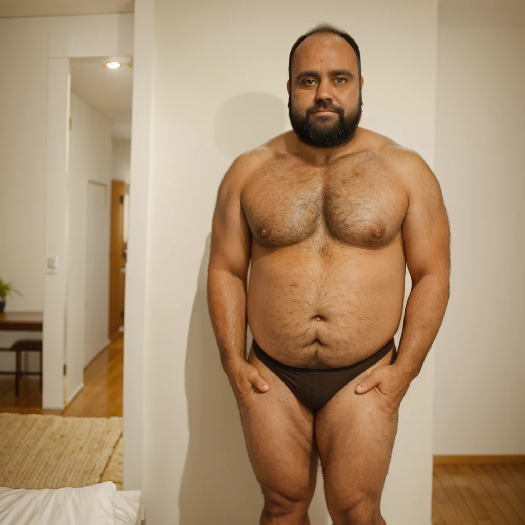 a chubby middle-aged Brazilian man with brown hair and beard, hairy body, wearing athletic support, standing in a bedroom, protruding belly, sexy pose, profile shot, showing underwear, distant pose, looking sideways, (best quality,4k,8k,highres,masterpiece:1.2),ultra-detailed,(realistic,photorealistic,photo-realistic:1.37),vivid colors,studio lighting