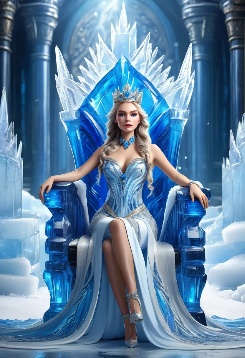 Arafed a picture of a an ice goddess sitting on her frozen throne, wearing white and blue royal dress, glamorous dress, dynamic hair, bold intense eyes, extremely exquisite beautiful queen, perfect body, (anatomically correct: 1.3), ultra feminine, ultra detailed face, dark blue lips, azure glowing eyes, she sits on a (throne made from ice: 1.3) of regality, and might, throne carved from ice , legendary symmetric design, with (many carvings in the ice: 1.3), dynamic caevings on the handles decorated with diamonds, and blue gems, fantasy ice goddess hall room background, (masterpiece: 1.4) intense details, highly detailed, photorealistic, best quality, highres,16k, (ultra detailed:1.3(, masterpiece, best quality, (extremely detailed), close up, ultra wide shot, photorealistic, RAW, fantasy art, dnd art, fantasy art, realistic art,((best quality)), ((masterpiece)), (detailed: 1.5), ral-ntrgmstn