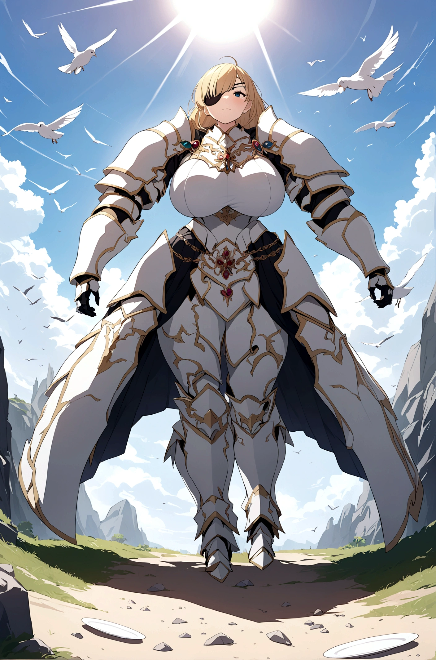 Huge teen tits bimbo, stern face expression, standing on steep heel, sunny day, ((wearing heavy black full armor with ornament)), eyepatch, broken spears in the ground around, birds in sky far away
