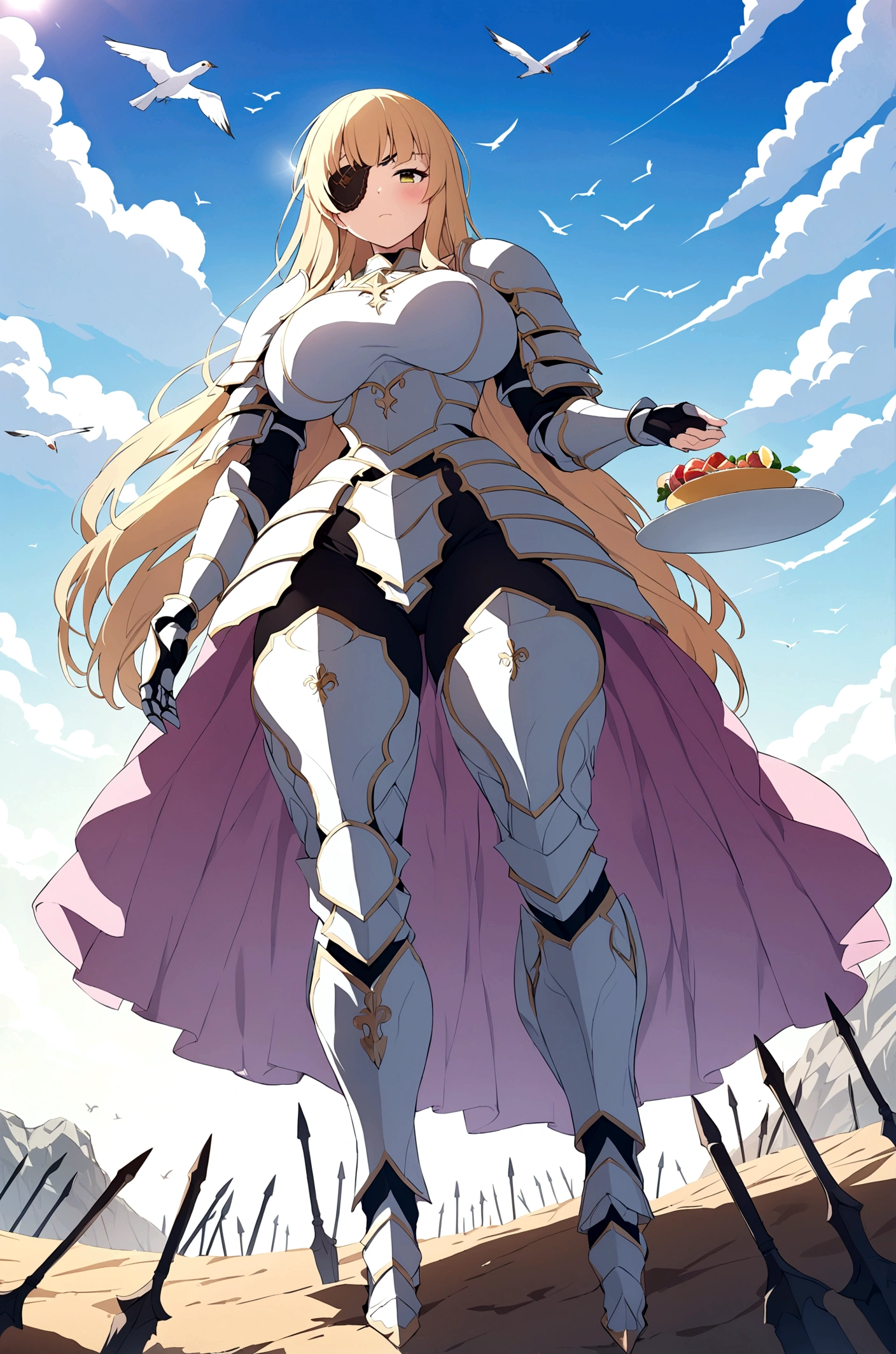 Huge teen tits bimbo, stern face expression,  standing on steep heel, sunny day, ((wearing plate full armor with ornament)), eyepatch, broken spears in the ground around, birds in sky far away