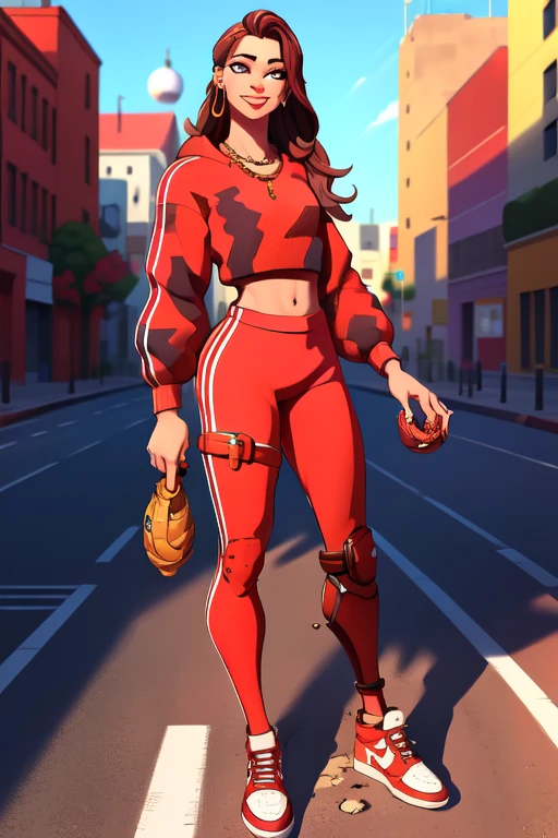 (work of art, best qualityer, absurderes, 4K, Aesthetics, detailded, intricate),Street,,cinematic angle,1 girl, ruby ,chestnut hair,long hair,yellow  eyes,track suit,ssmile,golden chain,jewerly,red shoes ,ssmile,boné de baseball  