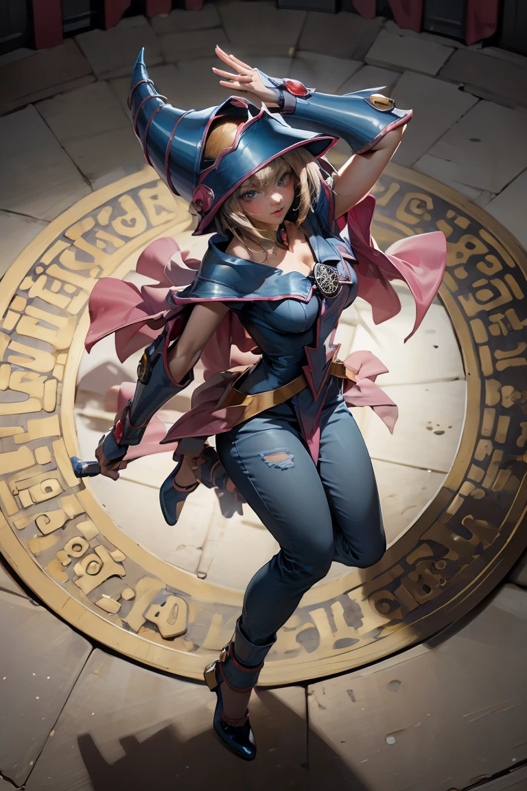 (Masterpiece:1.2), (The best quality:1.2), perfect lighting, Dark Magician Girl casting a spell, in battle. floating in the air, big and visible tits, wear jeans and heels. transparent neckline, blue robe, big hat, From above, sparkles, Yugioh game, The magic of the heart, romantic heart.