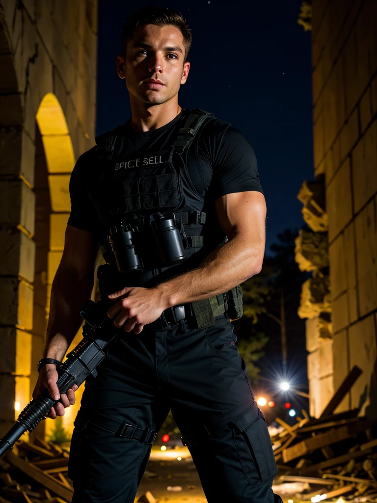 Special forces soldier, tactical vest, black T-shirt, tactical pants, special forces unloading,  in the middle of the ruins, looking at the viewer, night, dark lighting, depth of field, bokeh