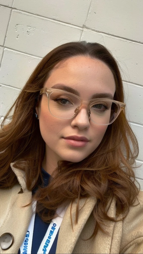 there is a woman com glasses and a coat posing for a picture, girl wearing glasses redondos, girl com glasses, retrato de alta qualidade, com glasses, usando glasses dourados, com glasses quadrados, wearing thin large glasses redondos, glasses, estilo de arte hiperrealista, wearing small glasses redondos, com glasses on, solo portrait 🎨🖌️, glasses redondos, wearing glasses redondos