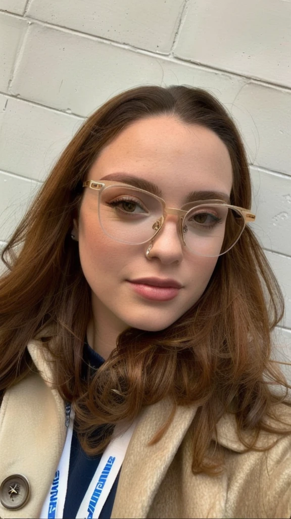 there is a woman com glasses and a coat posing for a picture, girl wearing glasses redondos, girl com glasses, retrato de alta qualidade, com glasses, usando glasses dourados, com glasses quadrados, wearing thin large glasses redondos, glasses, estilo de arte hiperrealista, wearing small glasses redondos, com glasses on, solo portrait 🎨🖌️, glasses redondos, wearing glasses redondos