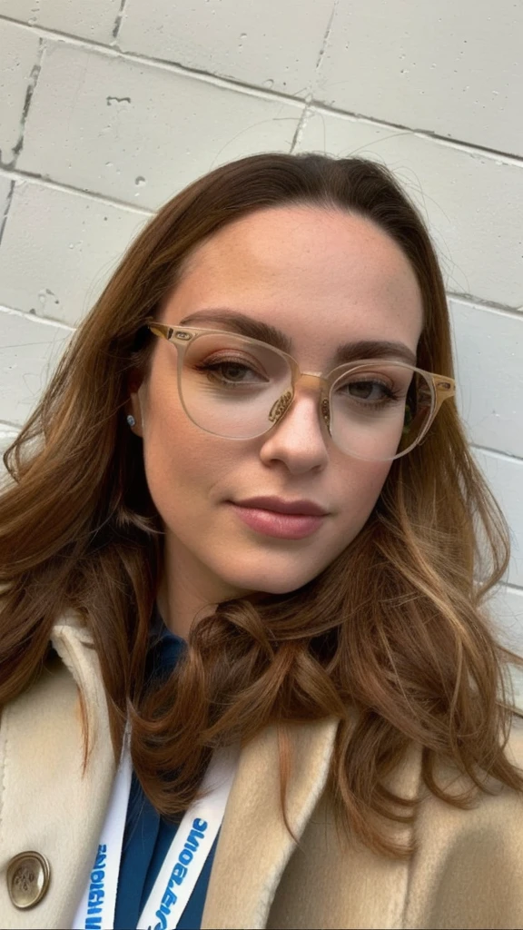 there is a woman com glasses and a coat posing for a picture, girl wearing glasses redondos, girl com glasses, retrato de alta qualidade, com glasses, usando glasses dourados, com glasses quadrados, wearing thin large glasses redondos, glasses, estilo de arte hiperrealista, wearing small glasses redondos, com glasses on, solo portrait 🎨🖌️, glasses redondos, wearing glasses redondos