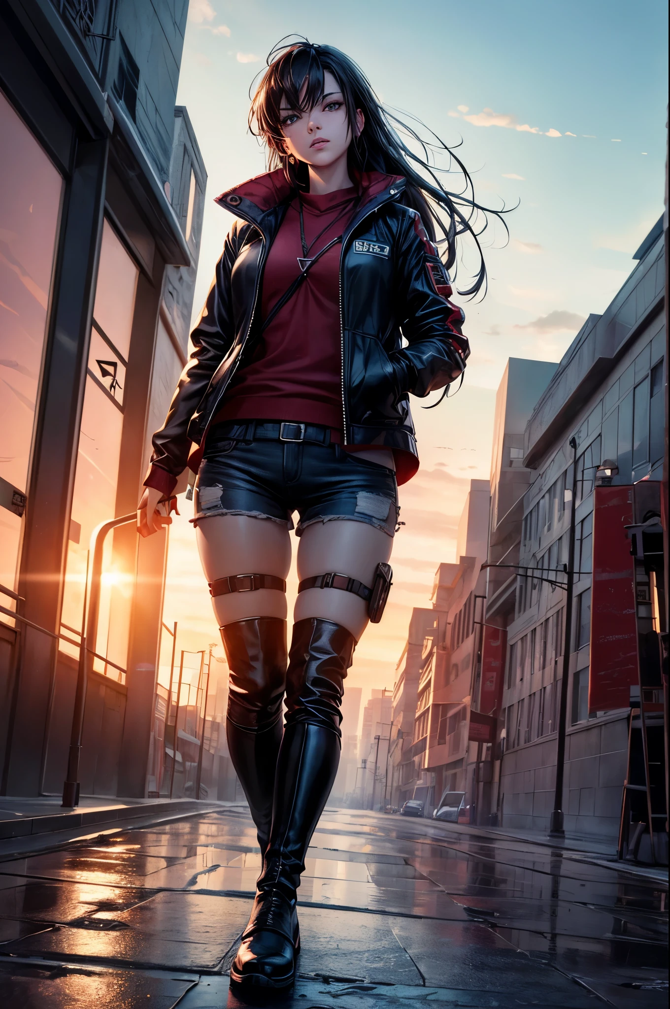 (best quality,4k,8k,highres,masterpiece:1.2),ultra-detailed,realistic:1.37,portrait,detailed eyes,detailed lips,elegant,alluring,seductive,Noble woman's clothing,post apocalyptic setting,dystopian scene,debris-filled background,hauntingly beautiful,soft lighting,vibrant colors,moody atmosphere full body portrait, epic perspective, dramatic lighting, aesthetically pleasing anime style, red sunset skies, knee high boots, slim and athletic body, urban casual tech wear
