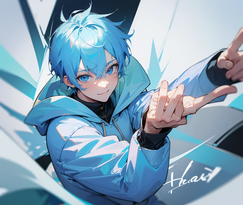 ((Highest quality)), ((masterpiece)), (detailed), 1Men、Light blue hair、Light blue eyes、Light blue hoodie、smile、short hair、Handsome、cool、Double Peace、Gal Peace