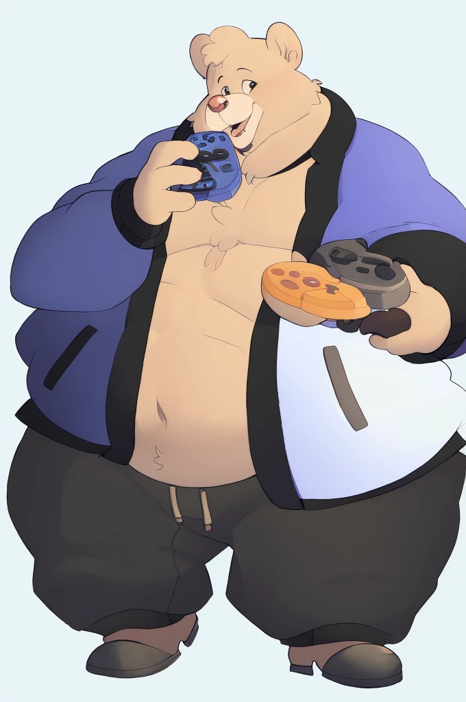 pilebitc, male, solo, chubby male, belly, (pose:1.3), (posing:1.3), (soft shading), 4k, hi res, ((detailed face, black eyes, detailed)), by zackarry911, by zaush, (by personalami:0.5), open mouth, simple background, 1boy, white background, holding, sitting, jacket, full body, male focus, multiple boys, open clothes, pants, 2boys, open jacket, pectorals, controller, game controller, letterman jacket, holding controller, buck teeth, playstation controller, holding game controller