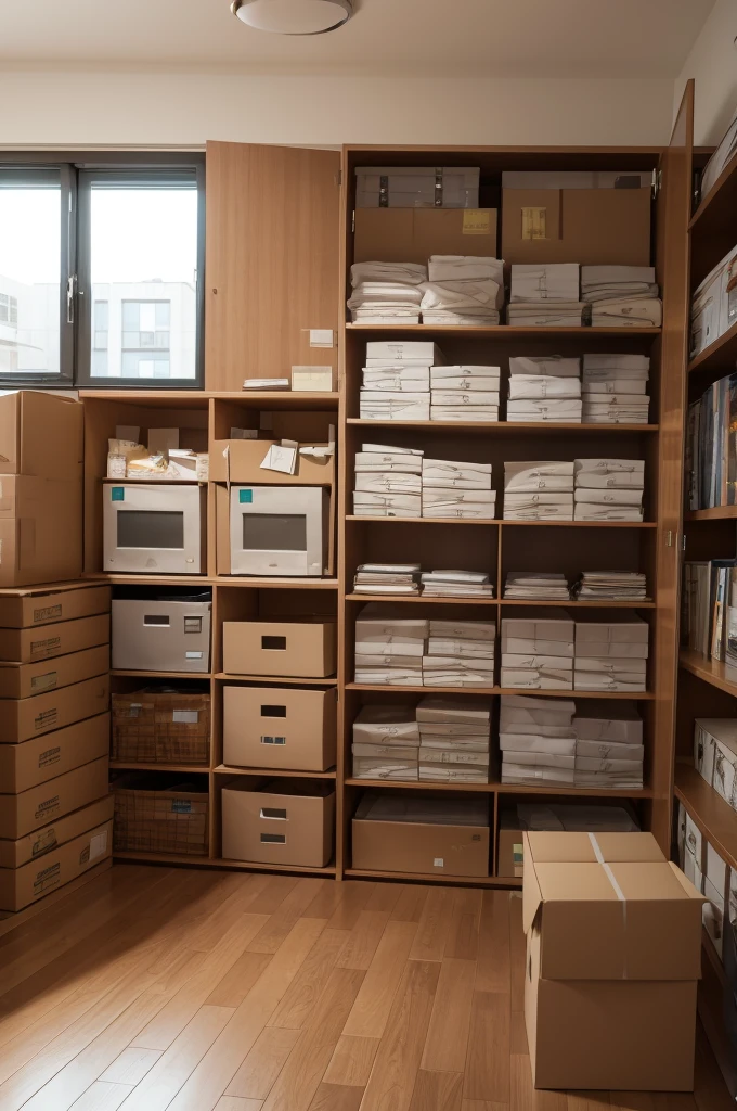 Room with boxes and shelves full of cash