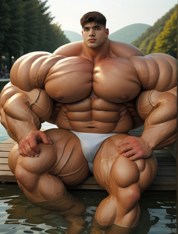 1boy, alone, giant bodybuilder, sweaty, golden hour, strong body, bulk, very large body size, sit on water dock, at the city water canal, , white triangular underwear, prominent bulge, extraordinary big, brutalmass, giant, muscular body, bulk, buff, massive body, large meaty body size, extremely wide body