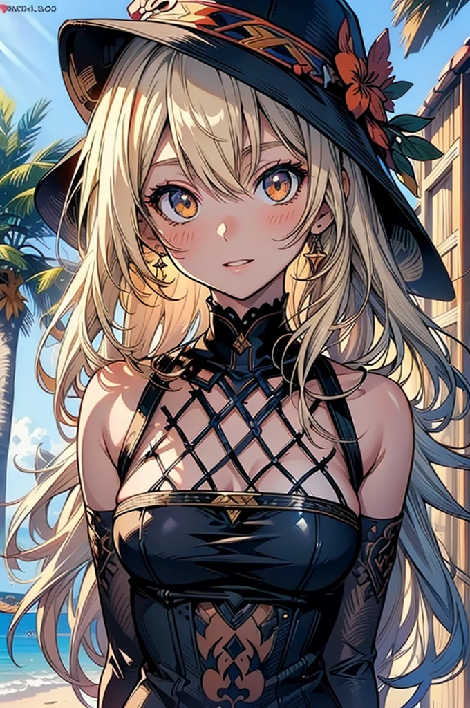masterpiece, rich colors, Best quality, detailed, high resolution, Hyper quality, high detail, , high quality, detailing, skinny sexy girl on the beach , bright lighting , Brown eyes, Anime, palm trees, bright lighting, blonde,