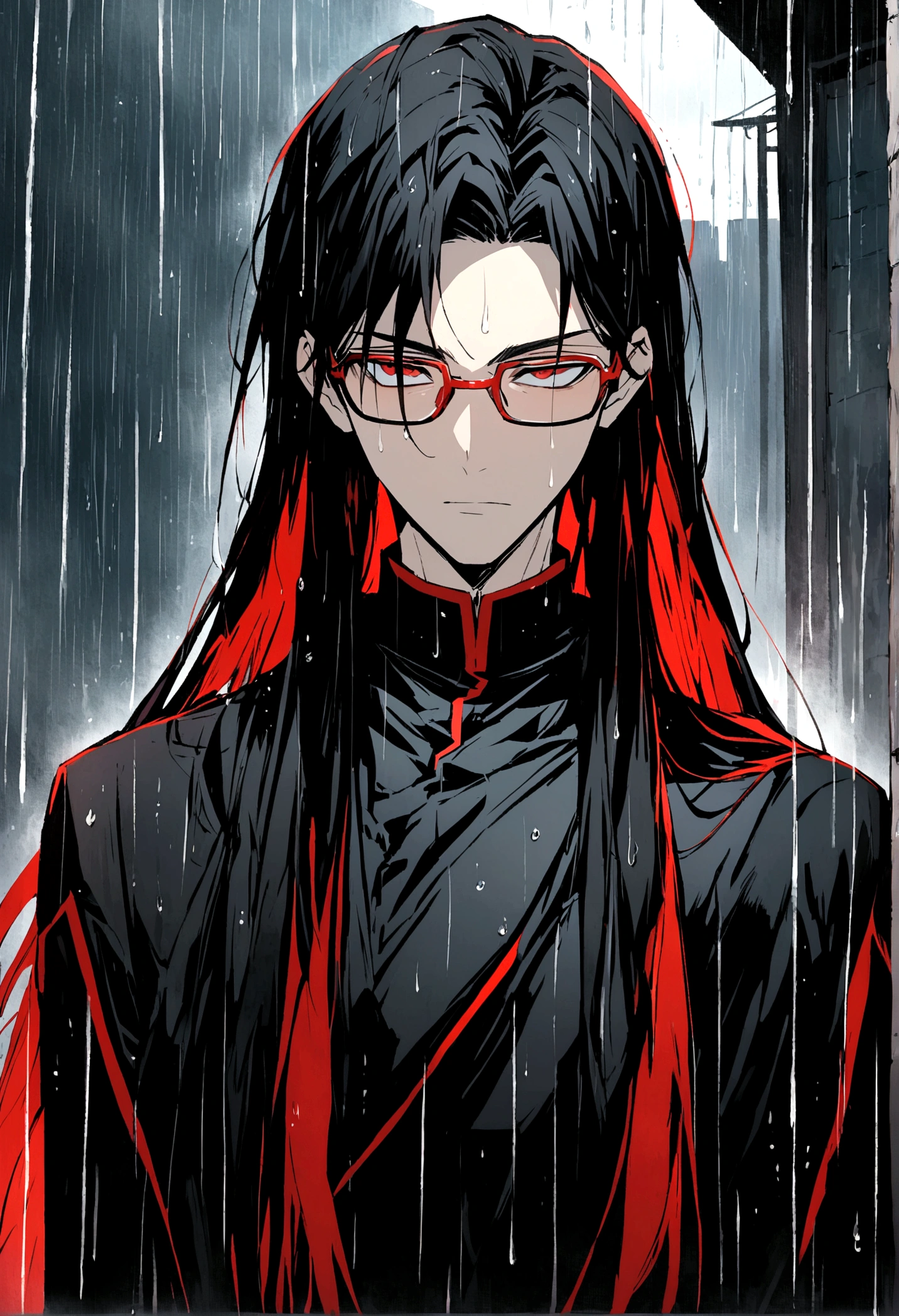 "Create an anime-style image featuring a male character with straight, jaw-length hair, wearing glasses. He is dressed in a black tunic with small red details. The scene is set under the rain."