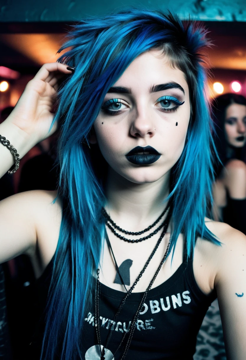 Stock photo, girl at a party in a nightclub, Instagram selfie Photo,blue hair, ruined black emo makeup, black lips,black eyeliner,early 2000's,grainy, natural feactures,soft facial hair,soft arms hair, she is crying, bushy hairy armpits, arm up