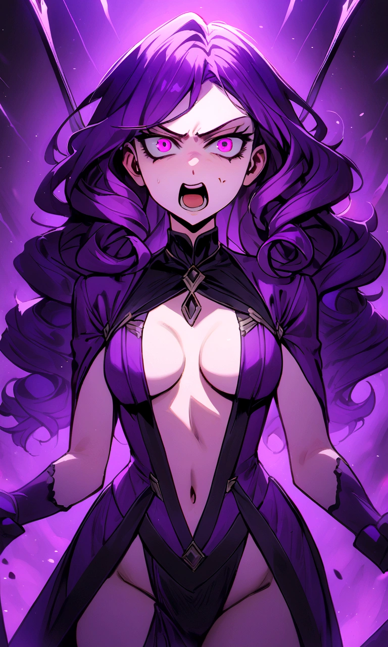 make me a female, 21 years old, purple long curly hair, pink eyes, revealing black and purple outfit, angry face