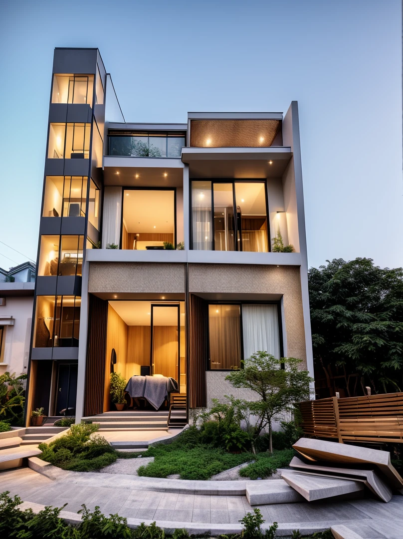 Perspective of a modern house with a large enough front yard, main materials are light yellow walls, stone and wood, a road running in front of the house, (RAW photo, real, best quality, masterpiece: 1.2), current view modern minimalist, 1 street in front of house, shime ring light, indoor brightness:1.2, dynamic lighting:1.3, (hyper-realistic, photo-realistic:1.2), high quality, daylight, contrast high:0.5 perfect light, Archdaily, contemporary masterpiece award, award winning contemporary, beautifully designed masterpiece, spacious modern mansion, modern neo-traditional, wide angle exterior 2022 , mid-century modern, contemporary home, stylish modern feel, long front view, award-winning modern design, stunning lines, residential, exquisite details, indoors gently:1.3