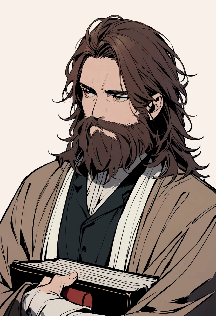 simple man with m hair,medium long brown hair and medium beard with books on a simple background