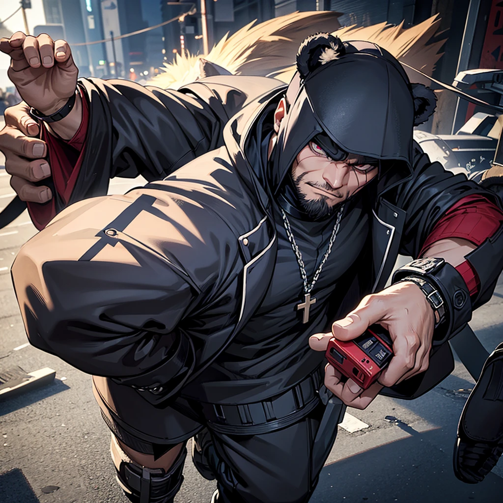 Generate image of a bear, furious state, eyes covered with crosses, in gangster clothes, whole body