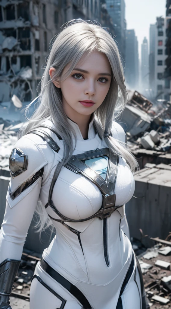 (White Superhero Theme Supergirl),( Apocalyptic city destroyed:1.4),(Superchica:1.4), (gray white hair ),More detailed 8K.unreal engine:1.4,UHD,La Best Quality:1.4, photorealistic:1.4, skin texture:1.4, masterpiece:1.8,first work, Best Quality,object object], (detailed face features:1.3), (Detailed hands:1.4),