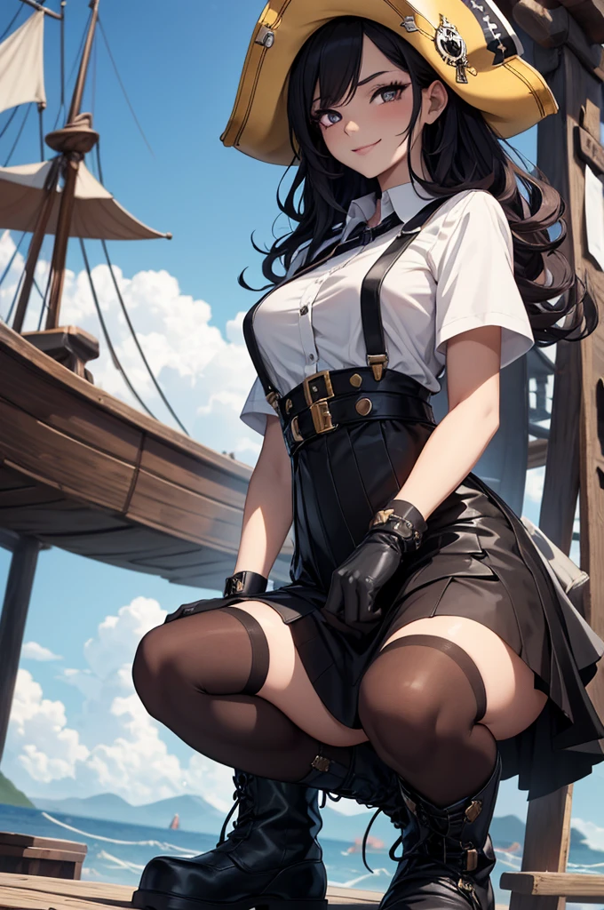 ((Artwork)), 4K, One Piece style, 1 girl, detailed face, heart face, female Japanese eye, small nose, medium lips painted with black lipstick, red iris color, smiling, shoulder-length curly hair painted black and white, wearing a white short-sleeved shirt, wearing brown leather gloves, wearing a black skirt with white stripes with suspenders, wearing two boots with spikes, on a pirate ship, looking at the screen.