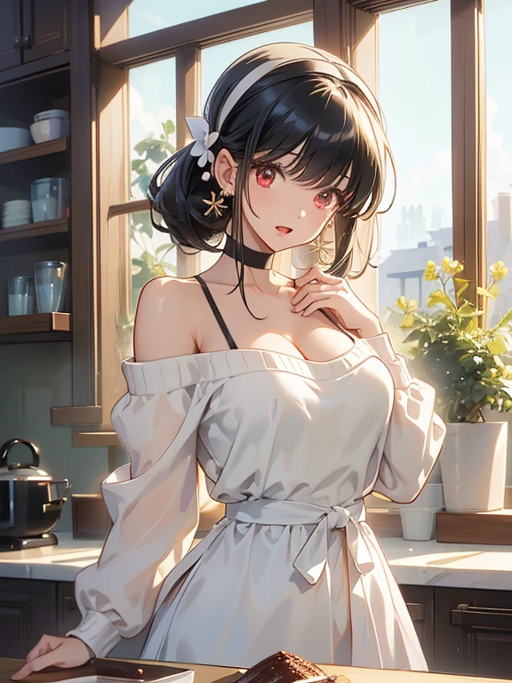 masterpiece, yor, 1girl, Amazing Cleavage:1.3, thin waist, big ass, Raised sexy, medium breast: 1.8 posed cleavage:1.2、solo, looking at viewer, open mouth, have a cup of coffee,black hair, red eyes, dress, bare shoulders, jewelry, collarbone, sidelocks, hairband, earrings, indoors, off shoulder, :o, sweater, arms behind back, plant, short hair with long locks, white hairband, off-shoulder dress, sweater dress, off-shoulder sweater, red sweater, big side hair, very long side hair,is rendered in (masterpiece: 1.2, best quality), with (ultra high resolution) and an exquisite (depth of field). This masterpiece is not only visually stunning but also tells, make of cake cooking ,in the kitchen