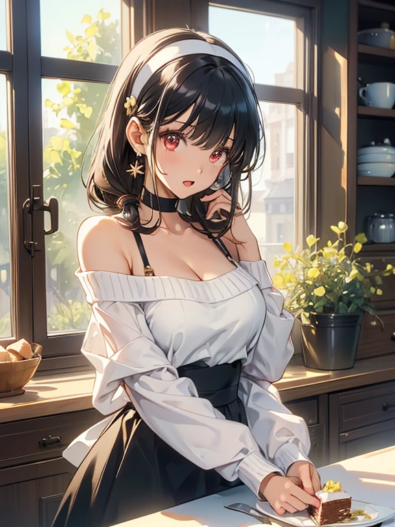 masterpiece, yor, 1girl, Amazing Cleavage:1.3, thin waist, big ass, Raised sexy, medium breast: 1.8 posed cleavage:1.2、solo, looking at viewer, open mouth, have a cup of coffee,black hair, red eyes, dress, bare shoulders, jewelry, collarbone, sidelocks, hairband, earrings, indoors, off shoulder, :o, sweater, arms behind back, plant, short hair with long locks, white hairband, off-shoulder dress, sweater dress, off-shoulder sweater, red sweater, big side hair, very long side hair,is rendered in (masterpiece: 1.2, best quality), with (ultra high resolution) and an exquisite (depth of field). This masterpiece is not only visually stunning but also tells, make of cake cooking ,in the kitchen
